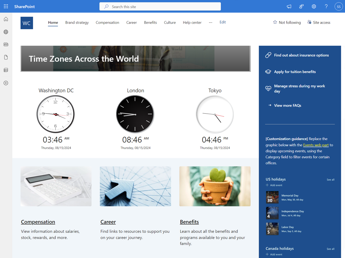 Clocks Web Part for SharePoint showing multiple time zone clocks on a SharePoint page